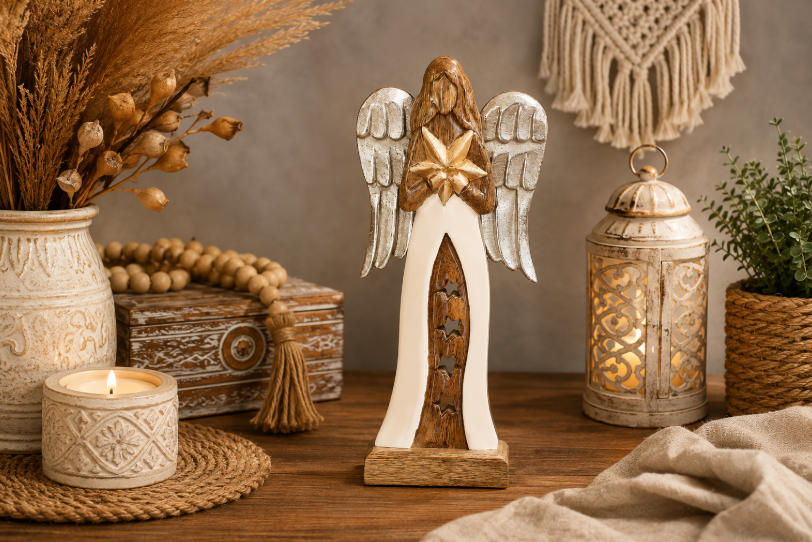 Large Mango Wood Star Angel Metal Wings & Enamel Detail 30cm