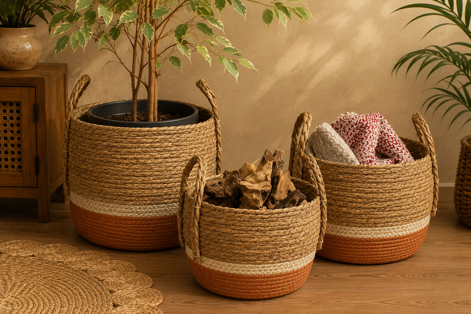 Seagrass & Straw Large Baskets - Natural & Orange- Set of 3