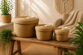 Seagrass & Cotton Round Baskets with Lids - Natural - Set of 3
