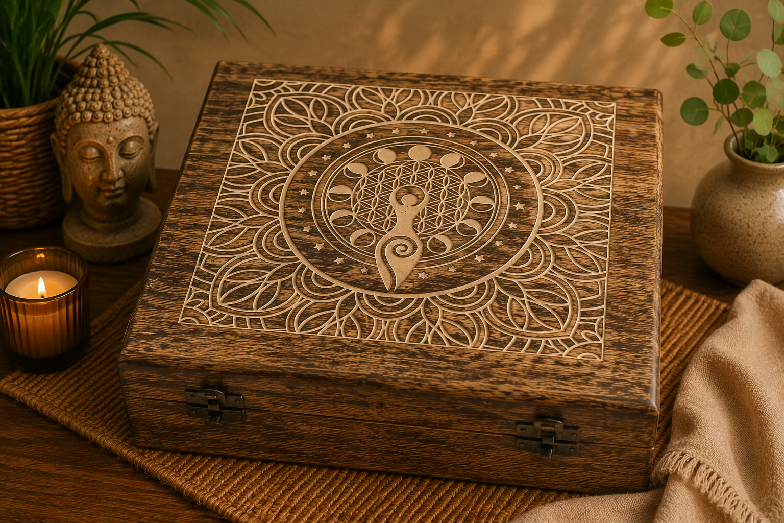 Mango Wood Keepsake Box - Moon Phase Goddess - Extra Large