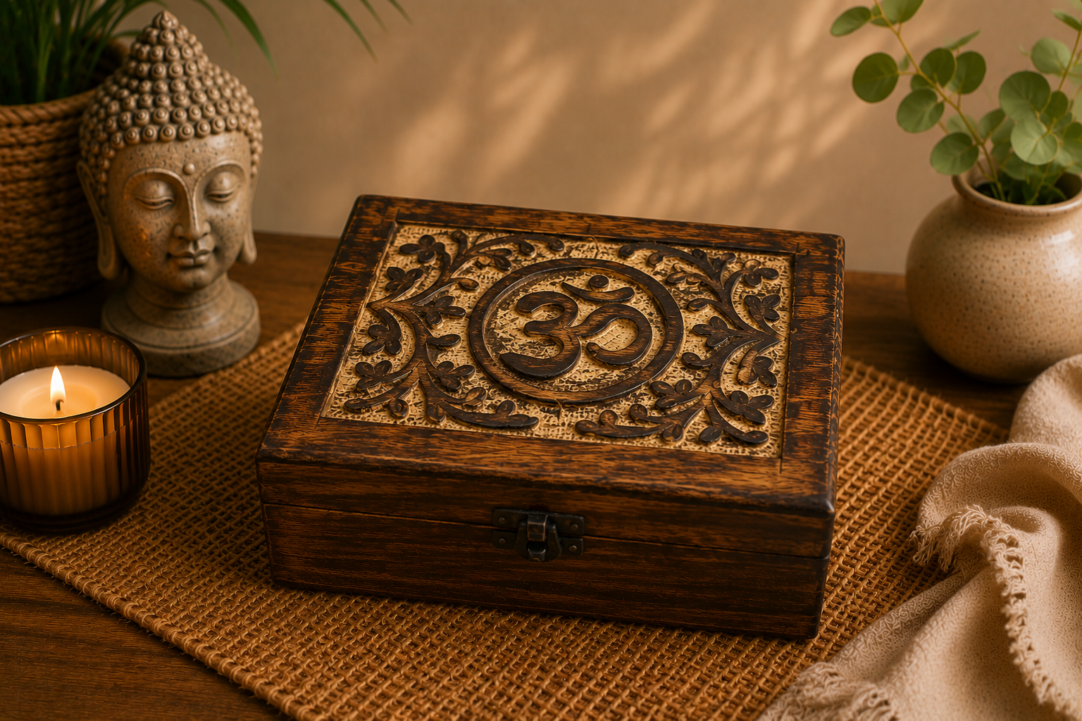 Mango Wood Keepsake Box - Om - Large