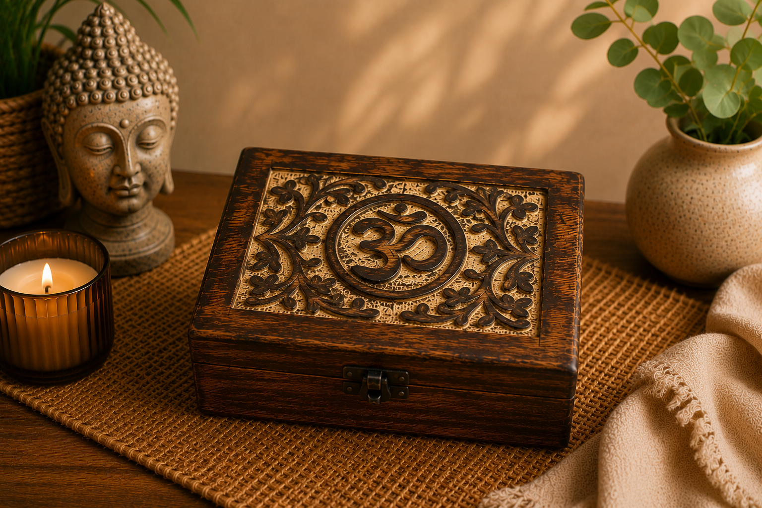 Mango Wood Keepsake Box - Om - Medium