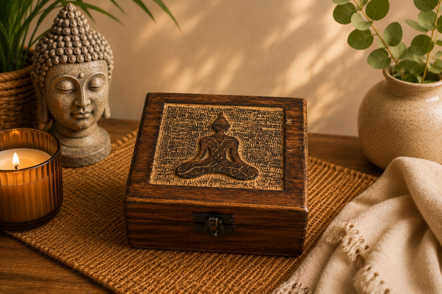 Mango Wood Keepsake Box - Buddha - Square