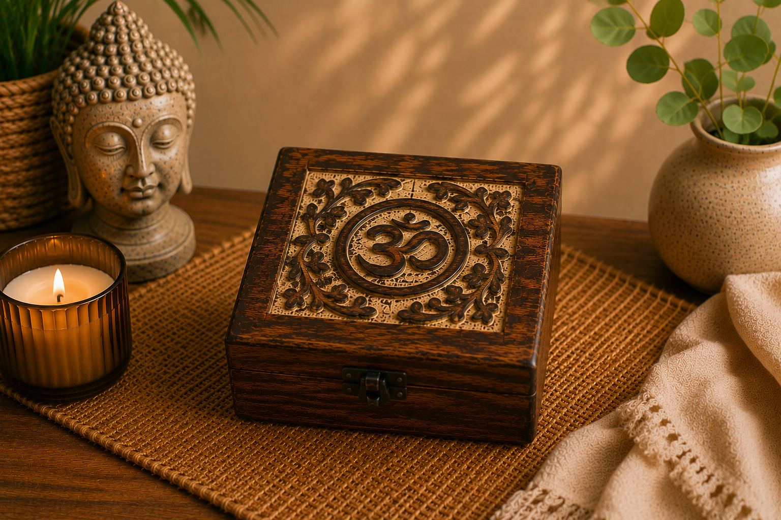 Mango Wood Keepsake Box - Om - Square