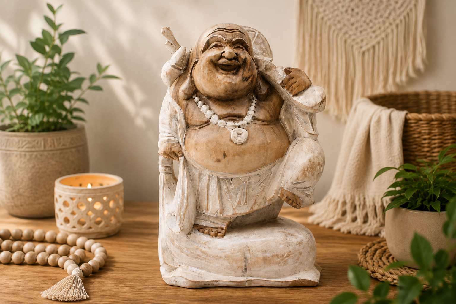 Happy Buddha Bring Wood - Whitewash 30cm