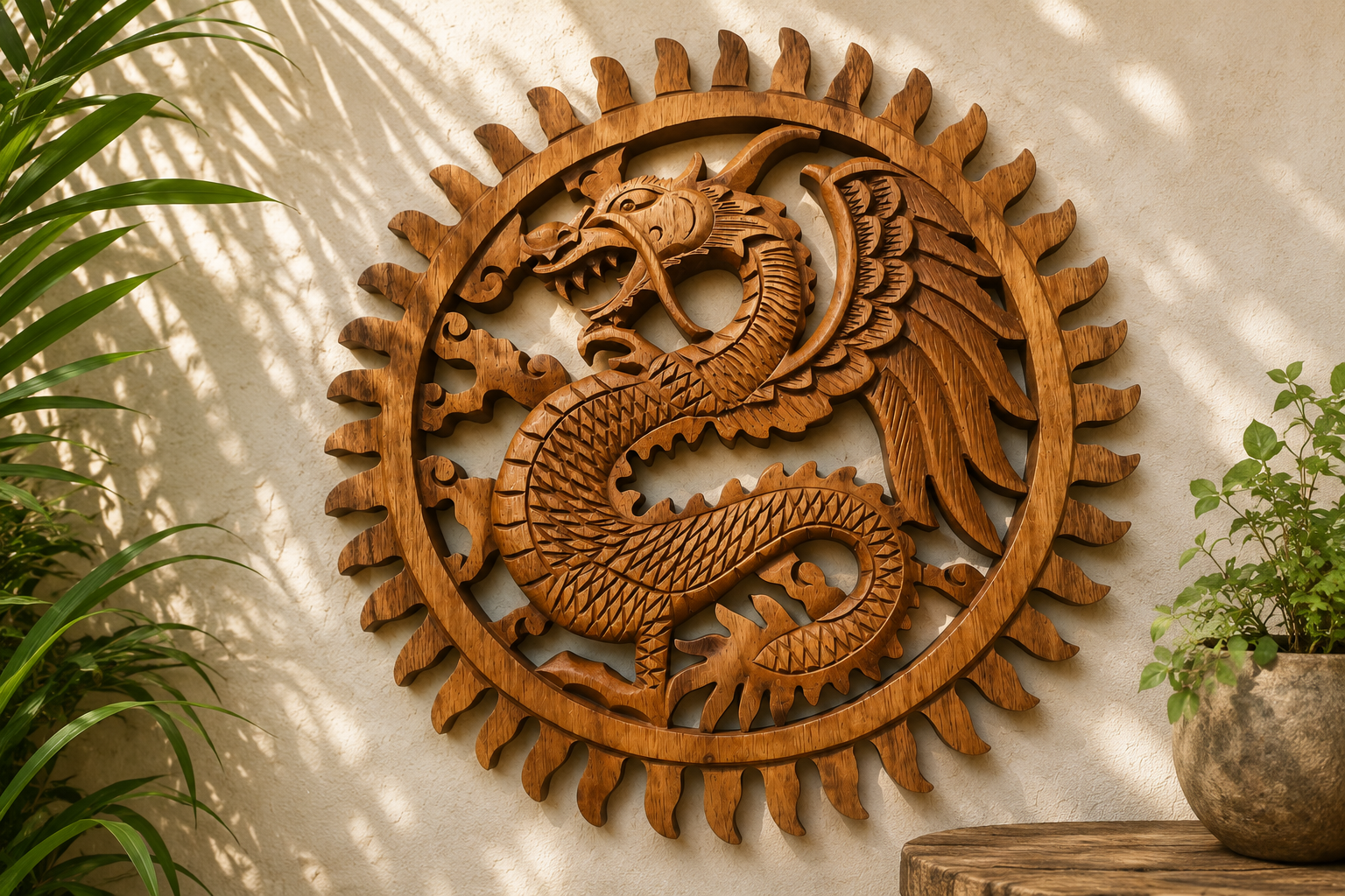 Wooden Panel - 30cm - Winged Sun Dragon
