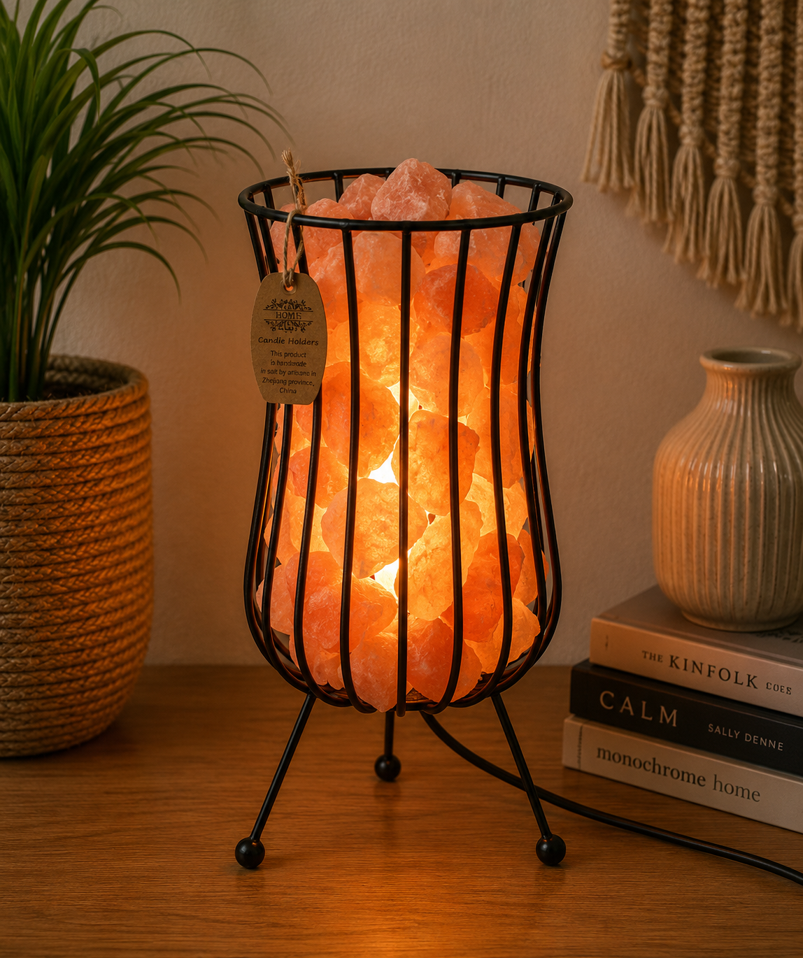 Tall Salt Rock Brazier, Pink Salt Chunks, Cable & Bulb