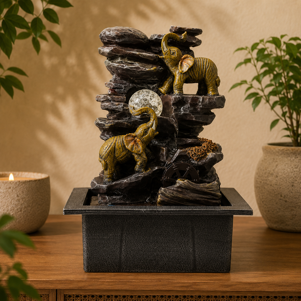 Tabletop Water Feature - Elephants, Crystal Ball & Water Wheel