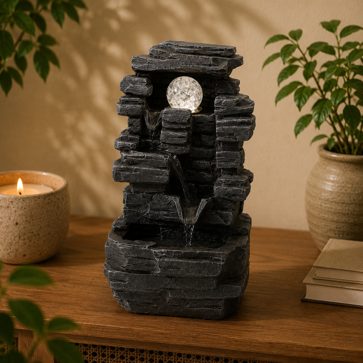 Tabletop Water Feature - Slab Rocks Formation & Crystal Ball